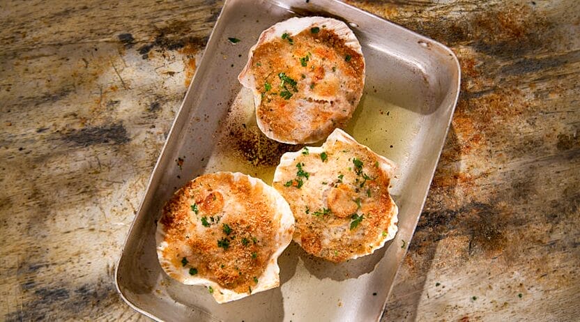 Baked Scallops on a tray.
