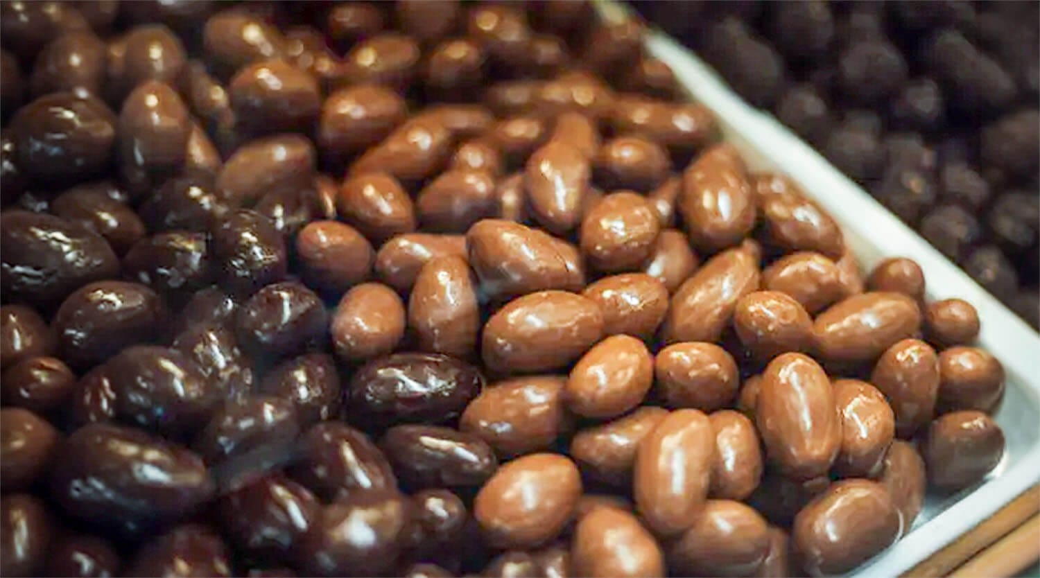 Dark and milk chocolate covered raisins.