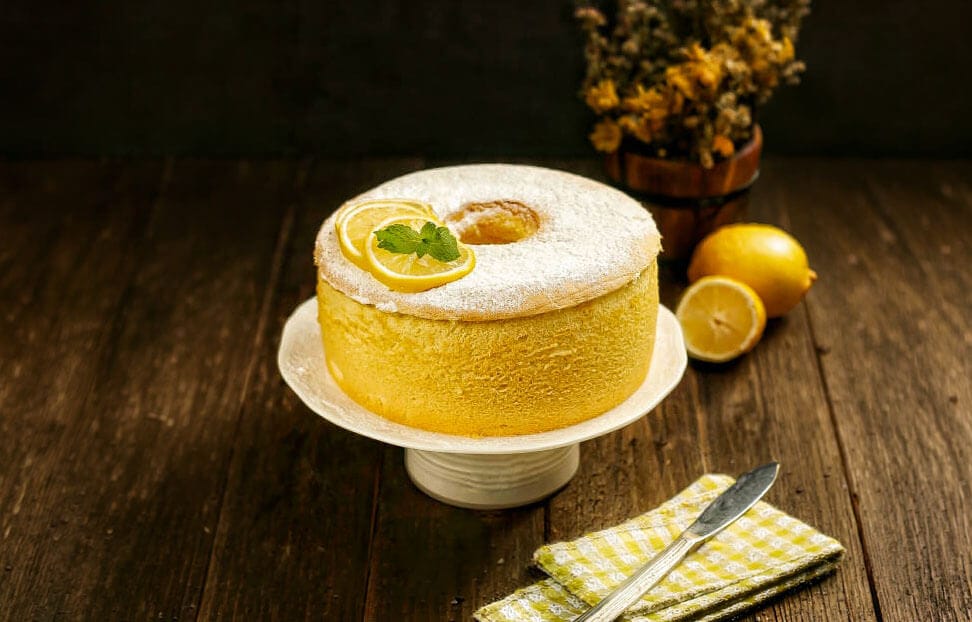 A freshly baked lemon chiffon cake.