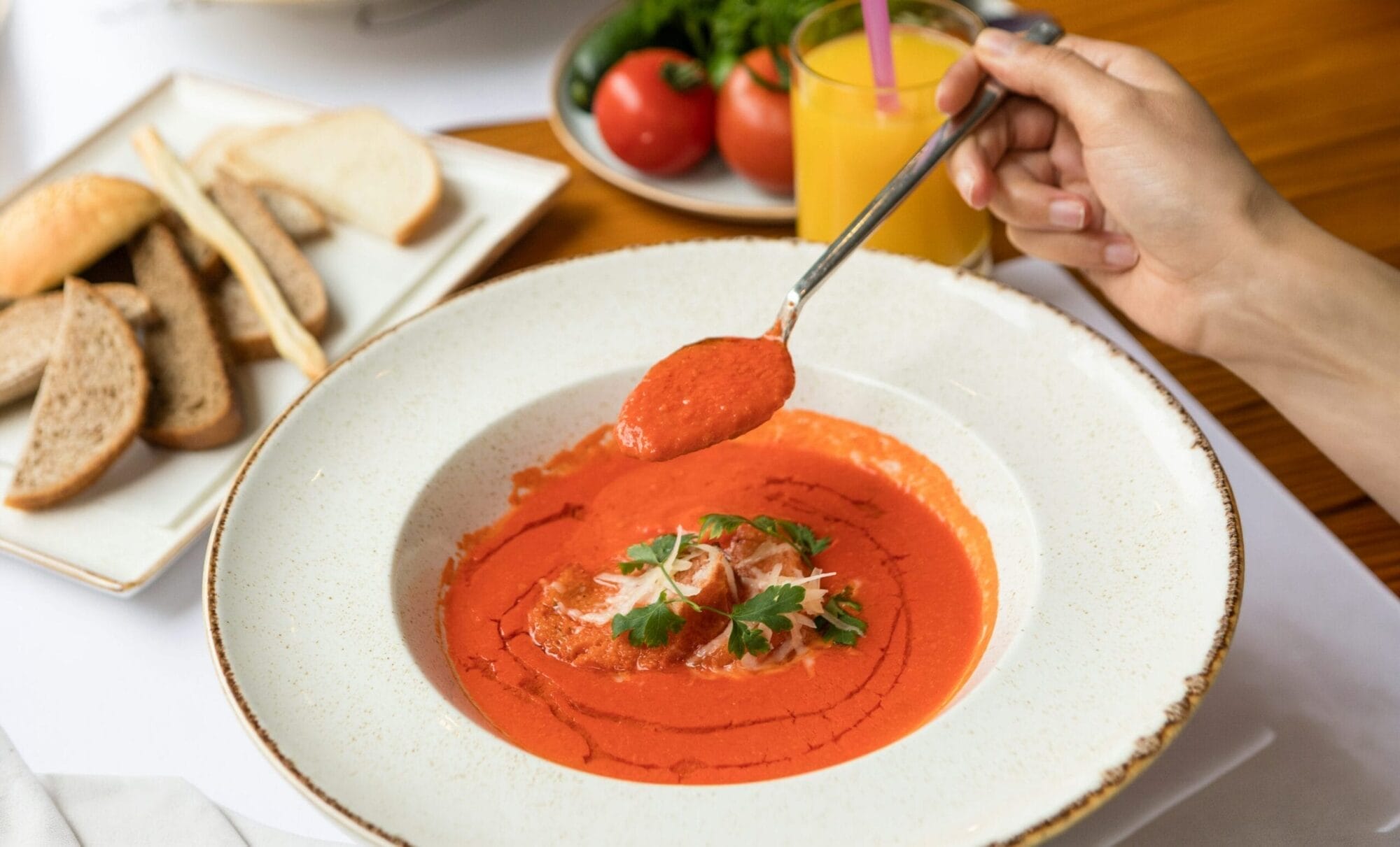 Bowl of warm tomato soup.