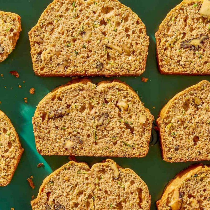 Sliced pieces of zucchini bread